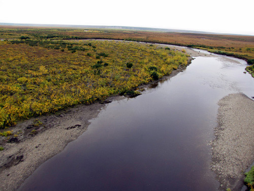 Aerial view of the stream gage site on the Prince Creek on North Slope, Alaska.