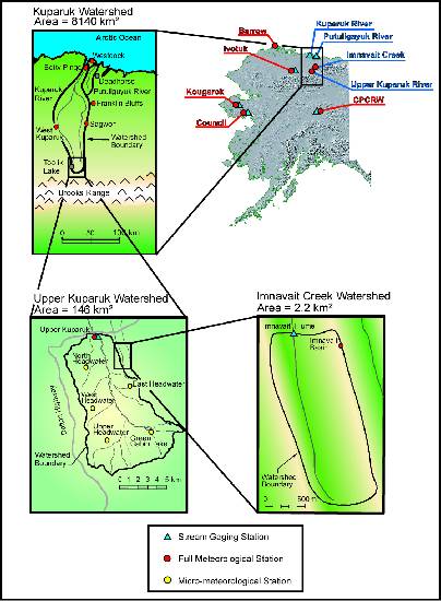 map with location of hydrologic monitoring sites in the context of the entire state of Alaska and the Kuparuk River watershed - 44315 Bytes