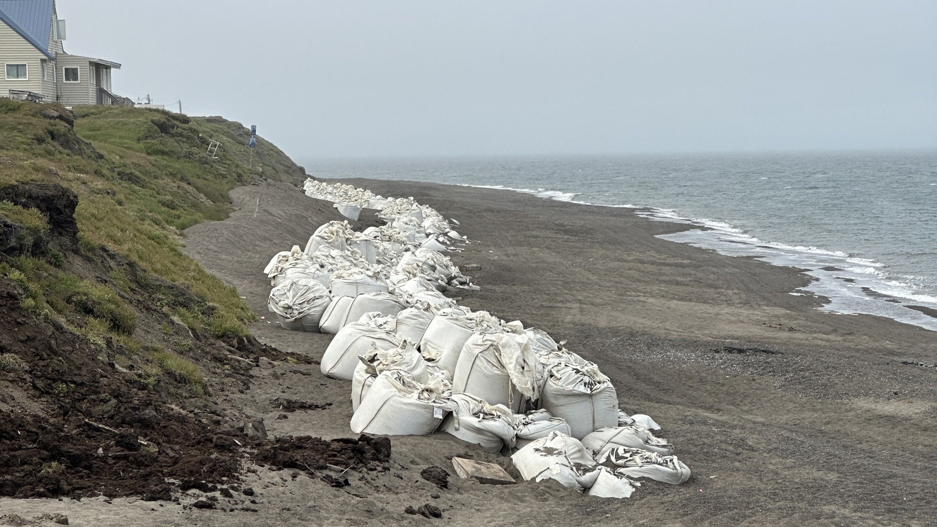 Temporary shore protection using supersacks at Utqiagvik. UAF/INE photo by Billy Connor.