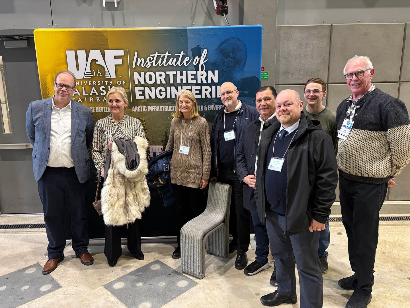 During an April 18 visit to UAF, Senator Lisa Murkowski met with Arctic partners and Institute of Northern Engineering researchers to explore applied work supporting infrastructure, energy, and communities across Alaska. From left to right: lárus-valgarðsson (Iceland), Nanna Margrét Gunnlaugsdóttir (Iceland), Senator Lisa Murkowski (Alaska), Johnny Svedin (Sweden), Andrew Zachary (UAF student), Eric Mark Palmqvist (Sweden), Larry Hinzman (Alaska). Photo by Brent Sheets.