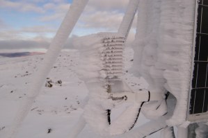 Seward Peninsula Kigluaiks Mountain radio repeater photo showing rime ice build-up.  Photo from 10/2006.